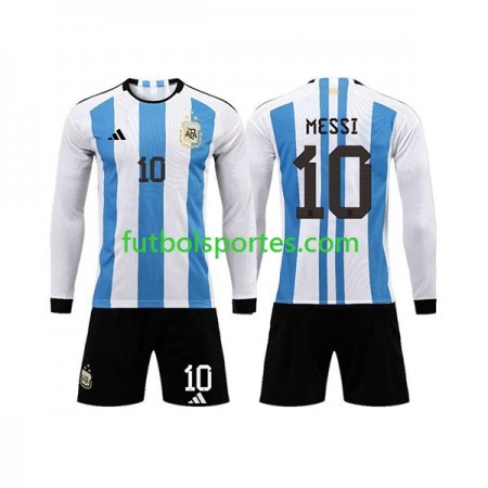 Camiseta Argentina 3 Stars Lionel Messi 10 Niño Primera Equipación Copa Mundo 2022 Manga Larga